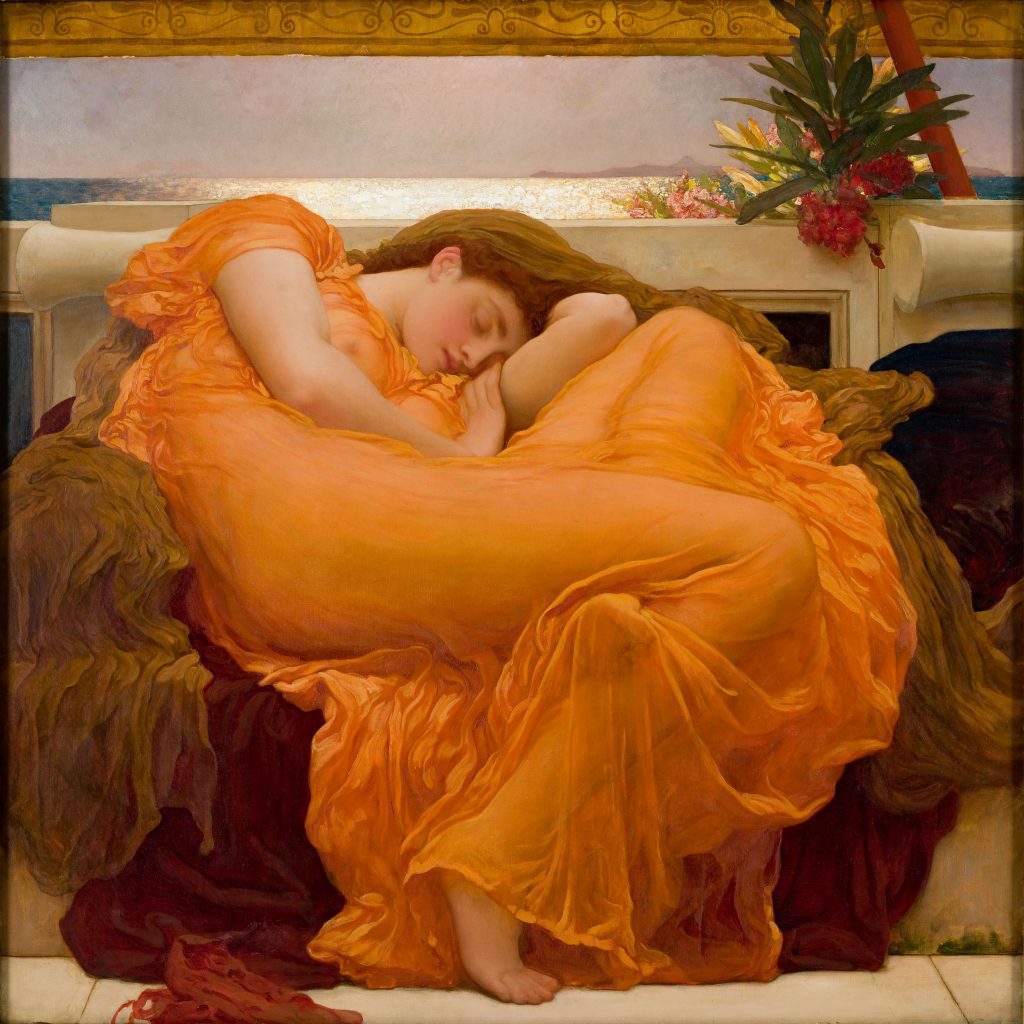 Relaxing painting: Relaxing Paintings: Frederic Leighton, Flaming June, 1895, Museo de Arte de Ponce, Ponce, Puerto Rico. Wikimedia Commons (public domain).
