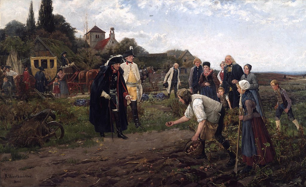 potato in art: Robert Muller, The King Everywhere (Frederick the Great of Prussia examines the potato harvest), 1886, German Historical Museum, Berlin, Germany. Wikimedia Commons (public domain).
