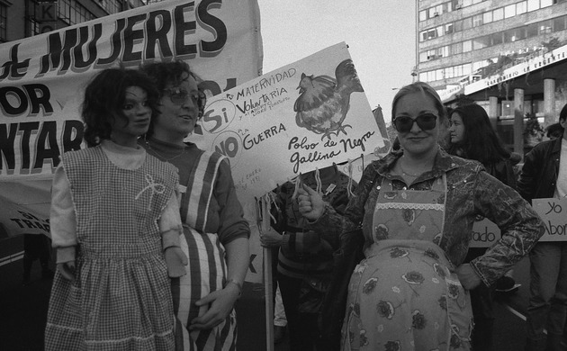 Latin America Women Artists: Polvo de Gallina Negra during a protest for the legalization of abortion, 1991, Universidad Iberoamericana, Mexico City, Mexico. Photograph by Ana Victoria Jiménez via post: MoMA.
