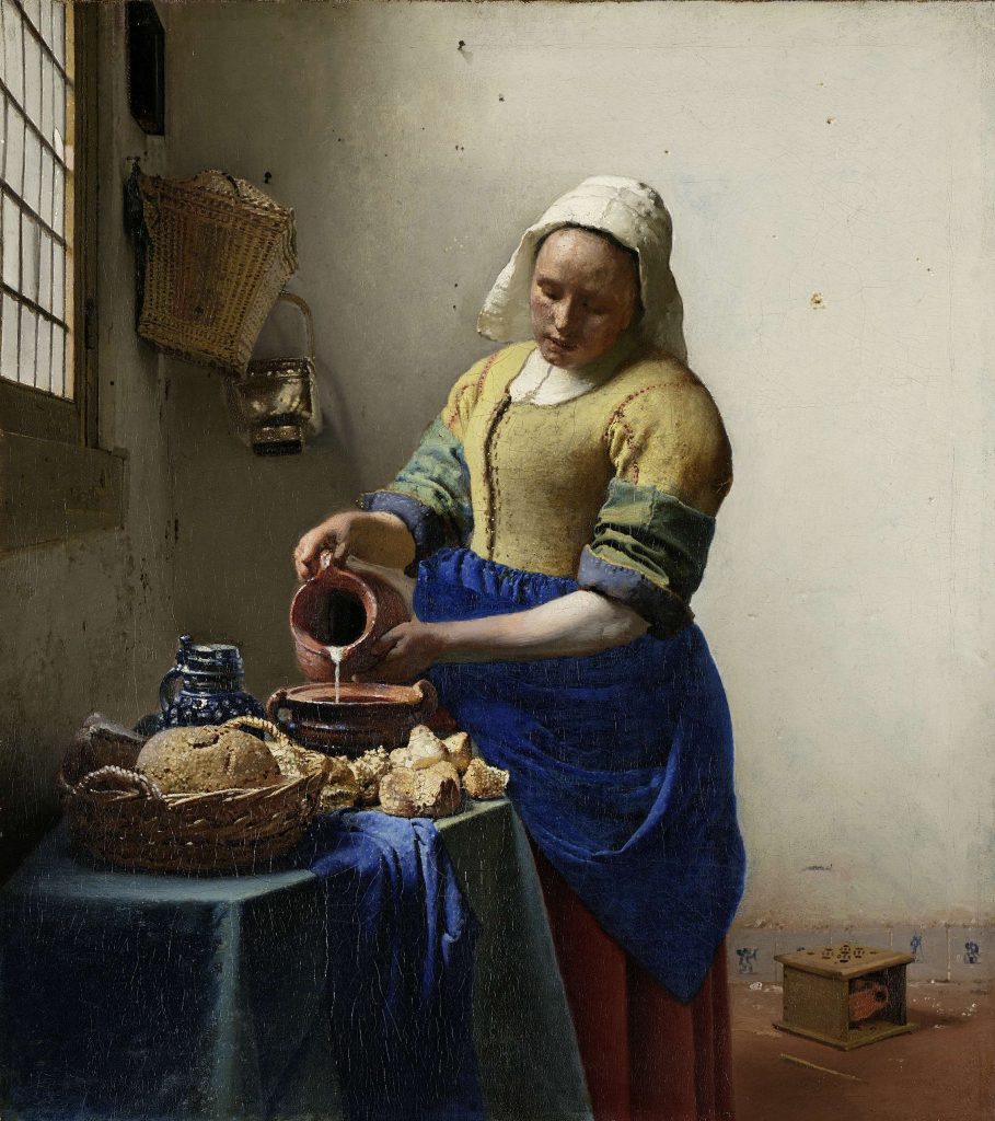 vermeer rijksmuseum: Johannes Vermeer, The Milkmaid, c. 1660. Rijksmuseum, Amsterdam, Netherlands. Wikimedia Commons (public domain).
