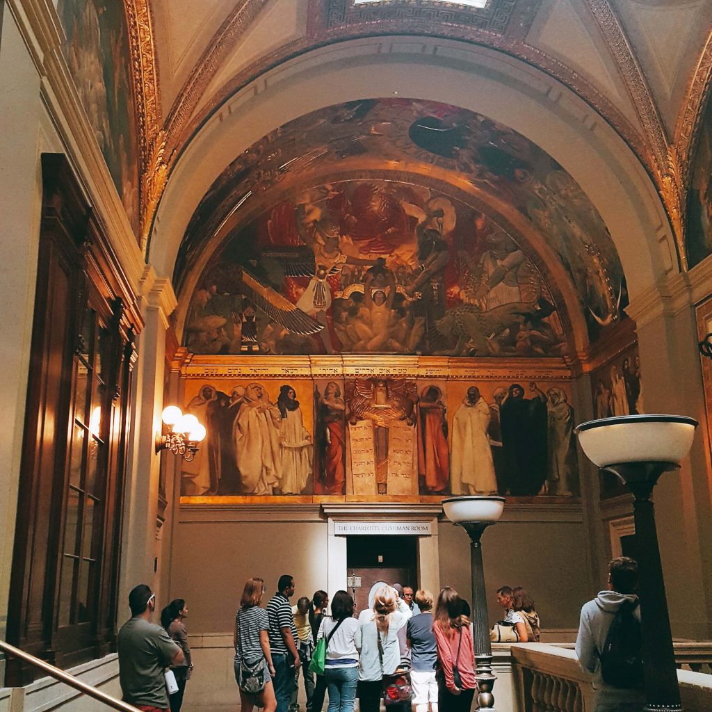 John Singer Sargent fun facts: John Singer Sargent Fun Facts: A view of John Singer Sargent's "The Triumph of Religion" murals in the Boston Public Library's McKim Building. Photo by Swativ28 via Wikimedia Commons (CC BY-SA 4.0).