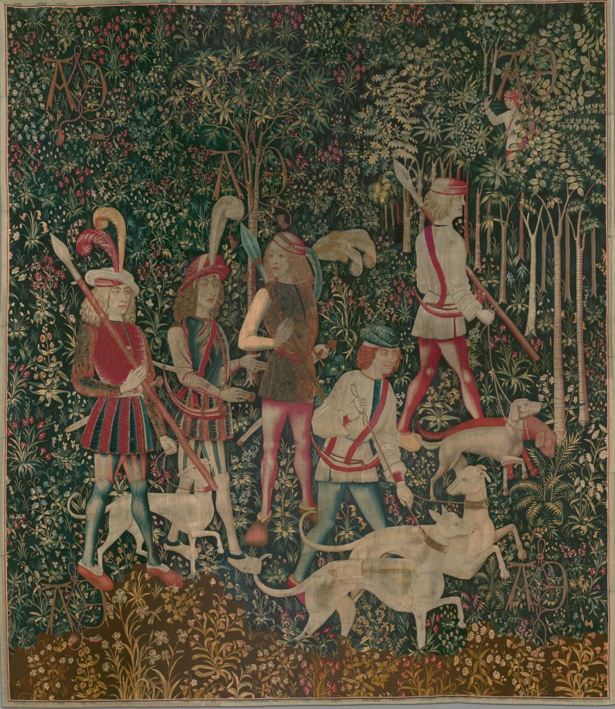 Unicorns in art: Unicorn Tapestries: The Hunters Enter the Woods, ca. 1495-1505, The Metropolitan Museum of Art, New York, NY, USA.
