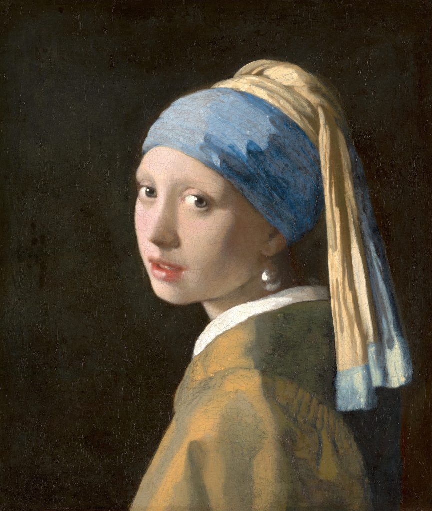 Johannes Vermeer facts: Johannes Vermeer, Girl With a Pearl Earring, 1665, Mauritshuis, Hague, Netherlands. Wikimedia Commons (public domain).
