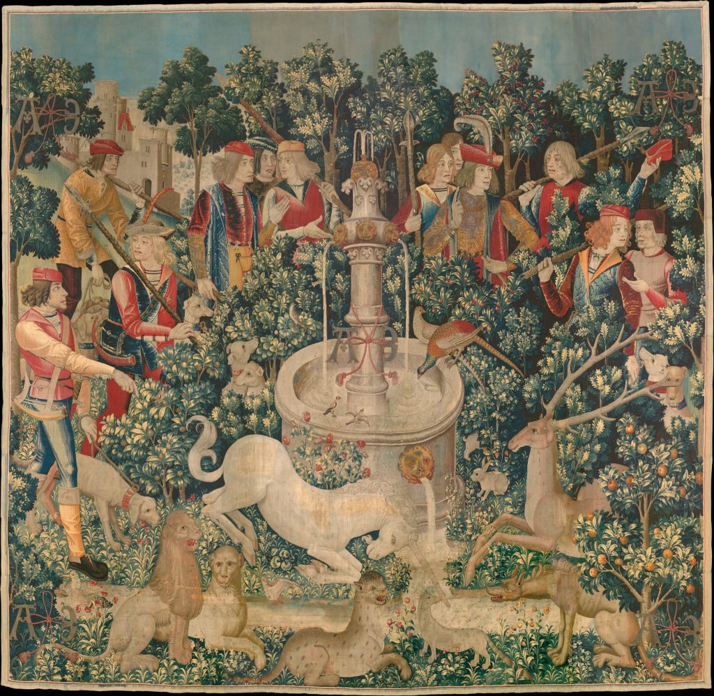 Unicorns in art: Unicorn Tapestries: The Unicorn Purifies the Water, ca. 1495-1505, The Metropolitan Museum of Art, New York, NY, USA.
