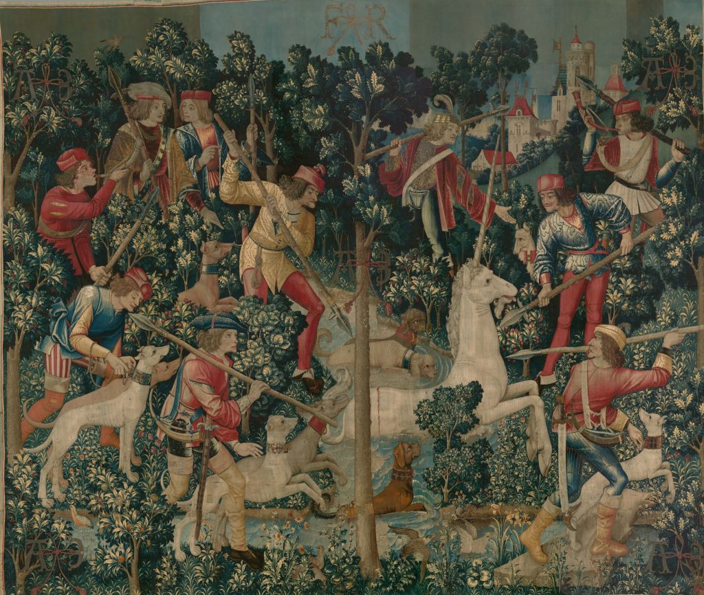 Unicorns in art: Unicorn Tapestries: The Unicorn Crosses the Stream, ca. 1495-1505, The Metropolitan Museum of Art, New York, NY, USA.

