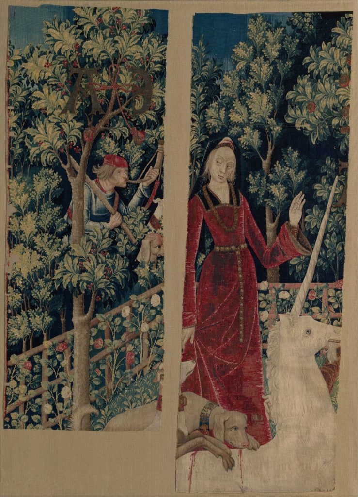 Unicorns in art: Unicorn Tapestries: The Unicorn Surrenders to the Maiden, ca. 1495-1505, The Metropolitan Museum of Art, New York, NY, USA.
