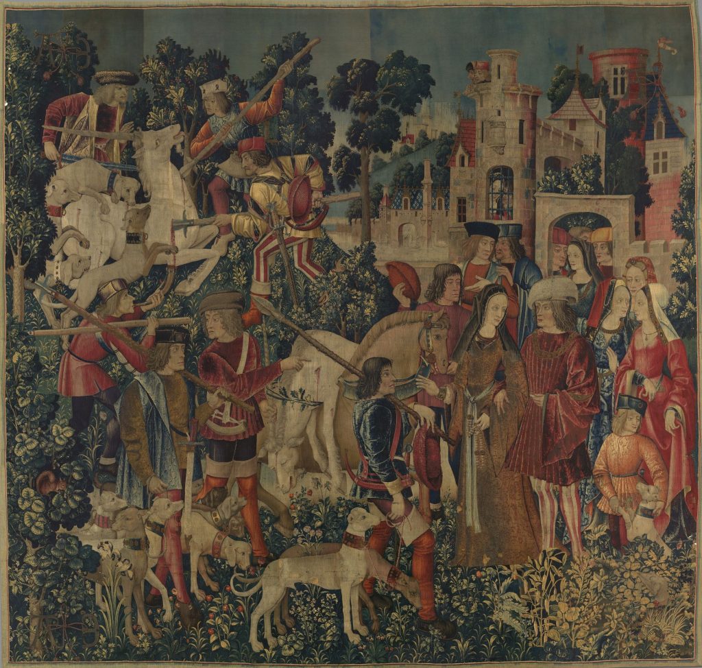 Unicorns in art: Unicorn Tapestries: The Hunters Return to the Castle, ca. 1495-1505, The Metropolitan Museum of Art, New York, NY, USA.
