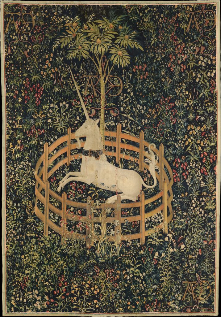 Unicorns in art: Unicorn Tapestries: The Unicorn Rests in the Garden, ca. 1495-1505, The Metropolitan Museum of Art, New York, NY, USA.
