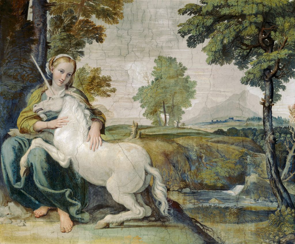 Unicorns in art: Domenichino (working under Annibale Carracci), The Virgin with the Unicorn, 1604-1605, Palazzo Farnese, Rome, Italy.
