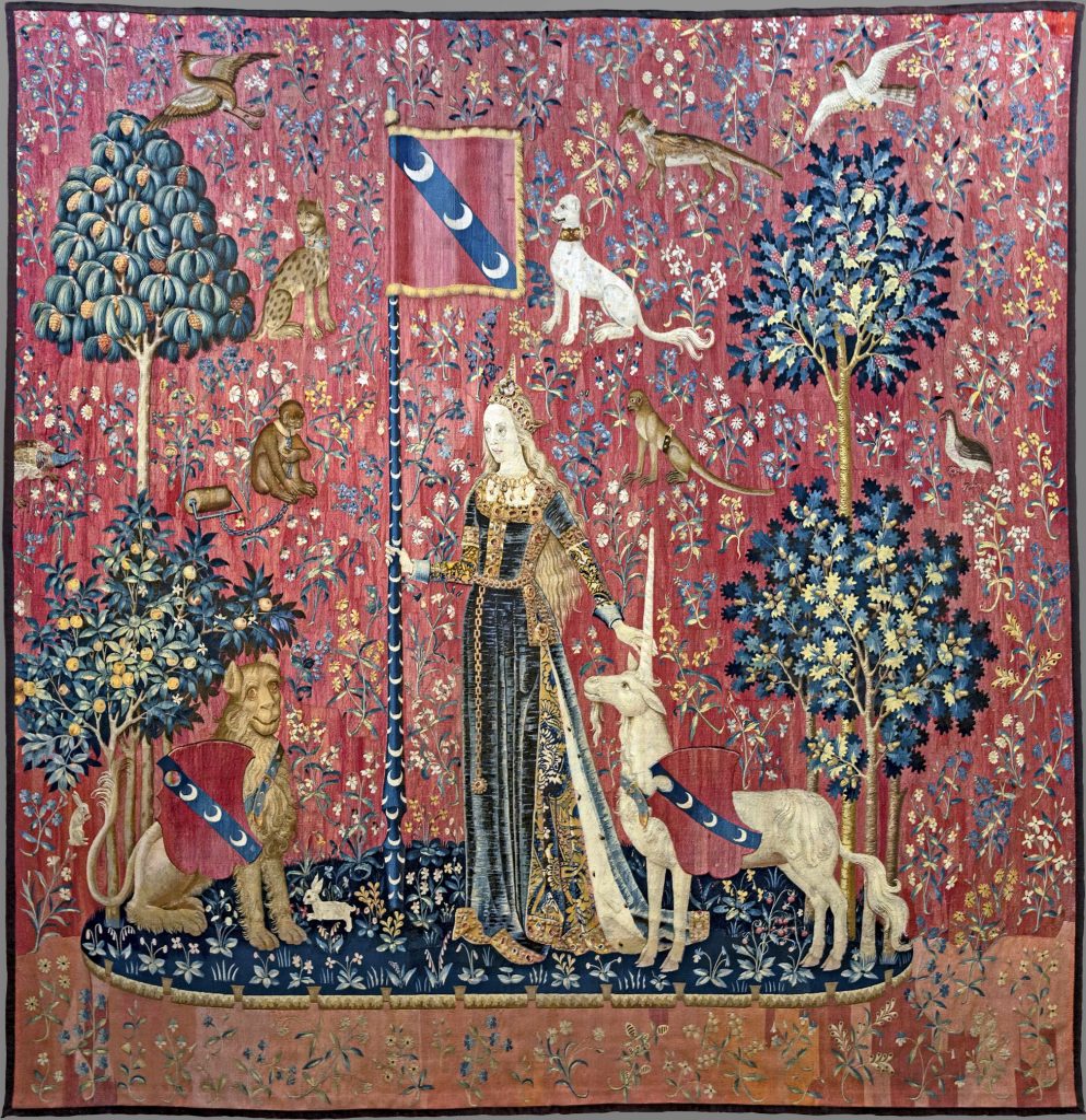 Unicorns in art: The Lady and the Unicorn: Touch, ca. 1500, Musée de Cluny-Musée National du Moyen Âge, Paris, France.
