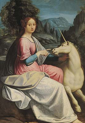 Unicorns in art: Luca Longhi, The Lady and the Unicorn, 1534-1540, Stanza di Paolo III, Castel Sant’Angelo, Rome, Italy.
