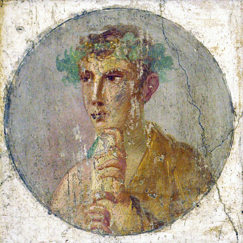 woman in ancient rome: Young Man with a Scroll, 55–79 CE, wall painting on gesso, Pompeii, National Archeological Museum of Naples, Naples, Italy. Wikimedia commons (public domain).
