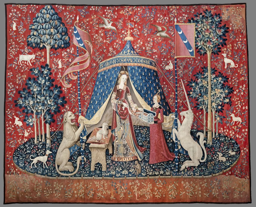 Unicorns in art: The Lady and the Unicorn: À mon seul désir, ca. 1500, Musée de Cluny-Musée National du Moyen Âge, Paris, France.
