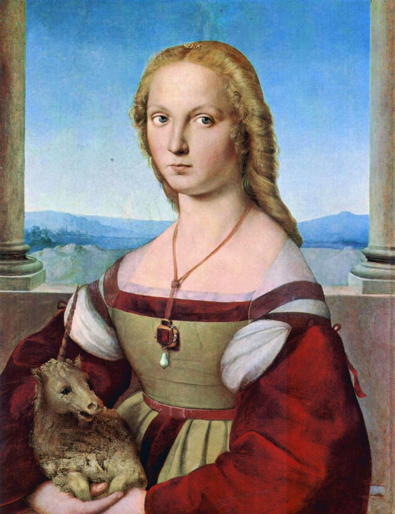 Unicorns in art: Raphael, Portrait of Young Woman with Unicorn, c. 1505-1506, Galleria Borghese, Rome, Italy.
