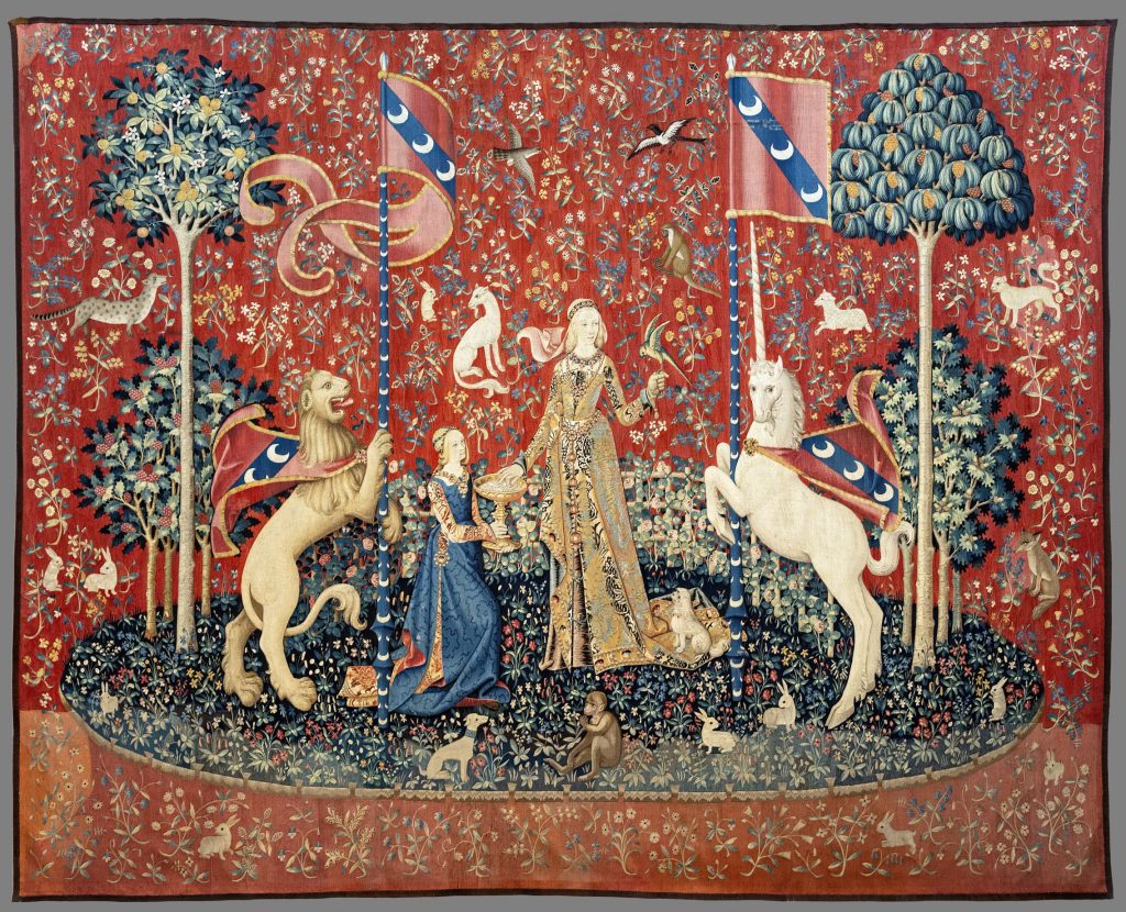 Unicorns in art: The Lady and the Unicorn: Taste, ca. 1500, Musée de Cluny-Musée National du Moyen Âge, Paris, France.
