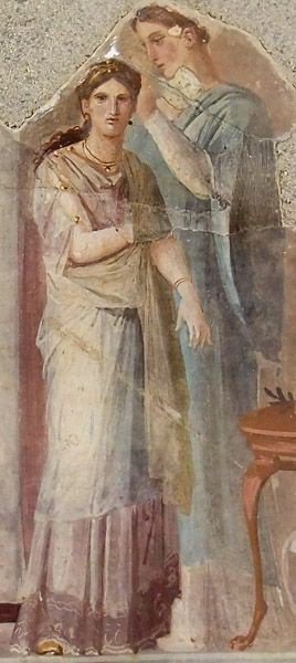woman in ancient rome: Dressing Scene of a Priestess, 30–40 CE, National Archeological Museum, Naples, Italy. Detail.

