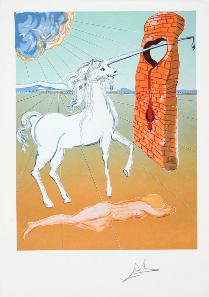 Unicorns in art: Salvador Dalí, The Agony of Love, 1978, private collection.
