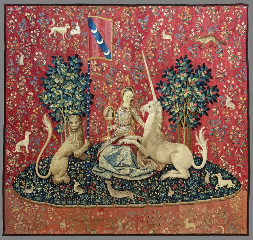 Unicorns in art: The Lady and the Unicorn: Sight, ca. 1500, Musée de Cluny-Musée National du Moyen Âge, Paris, France.
