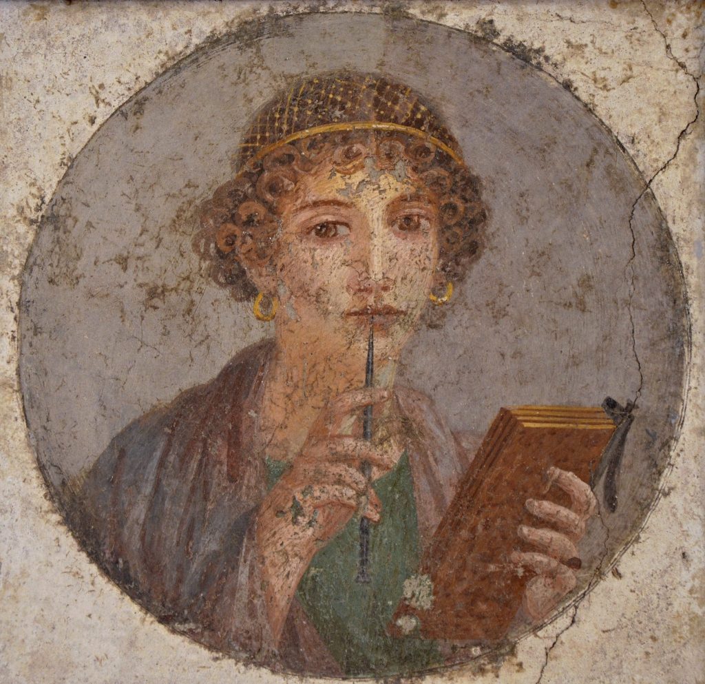 woman in ancient rome: Woman with Stylus, 55–79 CE, wall painting on gesso, Pompeii, National Archeological Museum of Naples, Naples, Italy.
