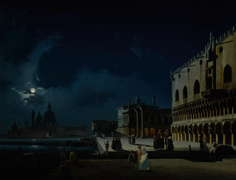Moonlight paintings: Ippolito Caffi, Venice, View of the Molo looking West towards the Salute, c. 1850, private collection. Sotheby’s.
