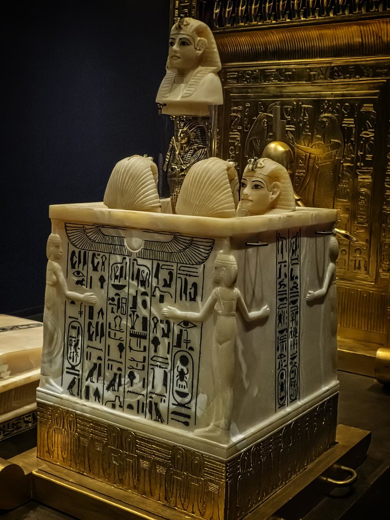 Tutankhamun: Calcite canopic chest of Tutankhamun, Egypt 1332-1323 BCE, Egyptian Museum, Cairo, Egypt. Photograph by Mary Harrsch via Flickr.

