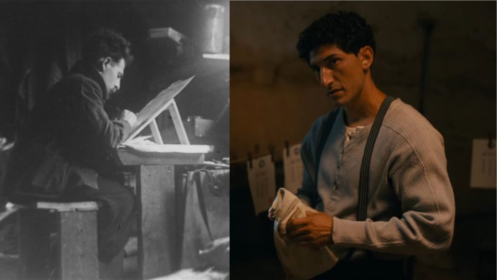 Transatlantic: Left: Bill Freier (Willi Spira) works at a small table easel in an unidentified French internment camp, United States Holocaust Memorial Museum, Washington D.C., USA. United States Holocaust Memorial Museum. Right: Art reference to Hans Bellmer in Transatlantic, S1E07. Transatlantic/Netflix.
