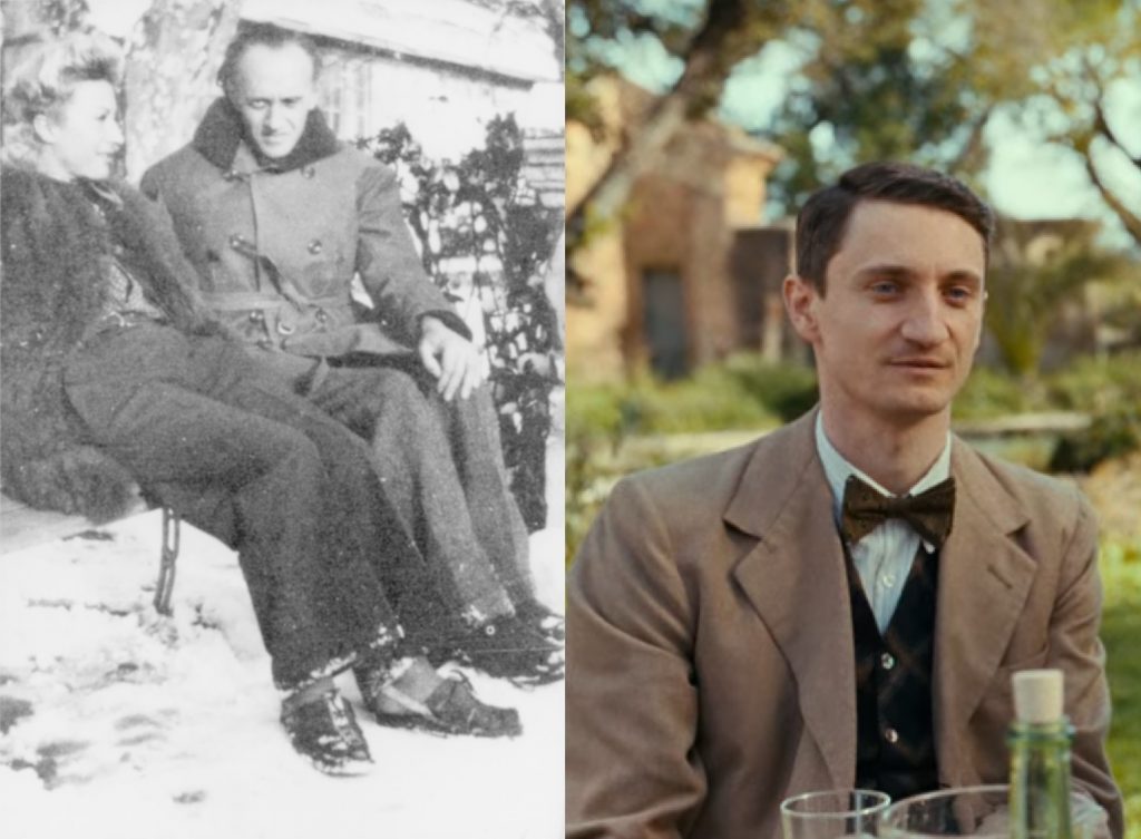Transatlantic: Left: Jacqueline Lamba Breton and Victor Brauner sit outside on a bench at the Villa Air-Bel on a snowy day, United States Holocaust Memorial Museum, Washington D.C., USA. United States Holocaust Memorial Museum. Right: Art reference to Victor Brauner in Transatlantic, S1E03. Transatlantic/Netflix.
