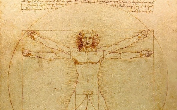 leonardo da vinci facts: Leonardo da Vinci, Vitruvian Man, c. 1490, Gallerie dell’Accademia, Venice, Italy. Detail.
