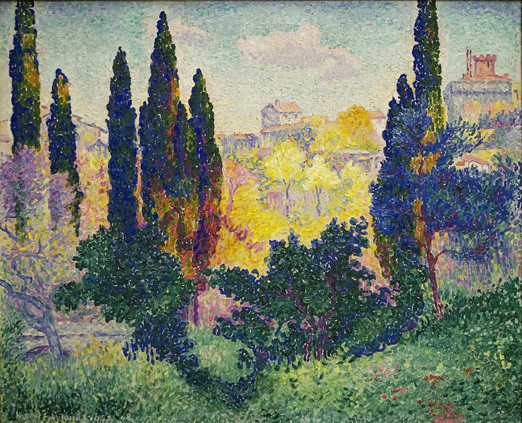 pointillism: Henri-Edmond Cross, Les Cyprès à Cagnes, 1908, Musée d’Orsay, Paris, France.
