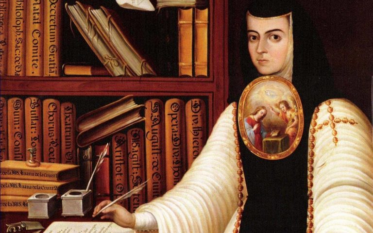 Juana Inés de la Cruz: Juan de Miranda, Portrait of Sor Juana Inés de la Cruz, c. 1680, Mexico Desconocido. Detail.
