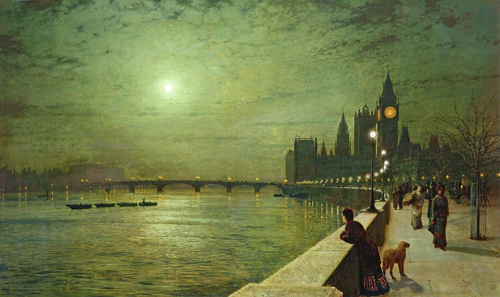 Moonlight paintings: John Atkinson Grimshaw, Reflections on the Thames, Westminster, London, 1880, Leeds Art Gallery, Leeds.
