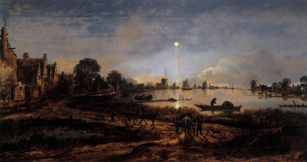 Moonlight paintings: Aert van der Neer, River View by Moonlight, c. 1645, Rijksmuseum, Amsterdam, The Netherlands.

