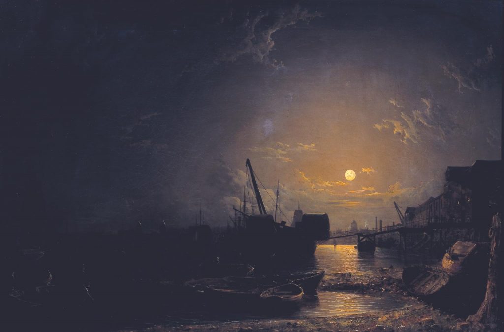 Moonlight paintings: Henry Pether, Greenwich Reach, Moonlight, ex. 1854, Tate Britain, London, UK.
