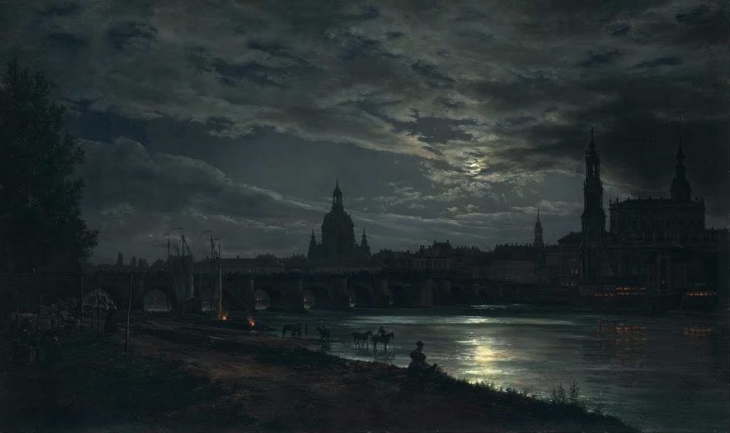 Moonlight paintings: Johan Christian Dahl, View of Dresden by Moonlight, 1839, New Masters Gallery, Dresden State Art Collections, Dresden, Germany.
