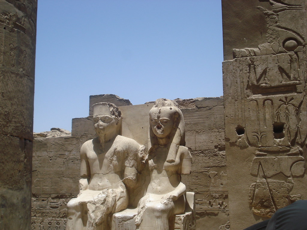Tutankhamun: Statue of Tutankhamun and his wife Ankesenamun, Luxor Temple, Luxor, Egypt. Posted by Kate Calle via Flikr.

