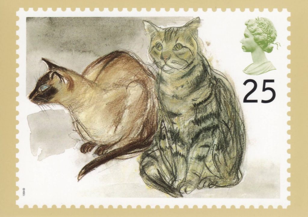 Elizabeth Blackadder: Elizabeth Blackadder, Puskas (Siamese) and Tigger (Tabby), British postage stamp, 1995, Royal Mail, UK.
