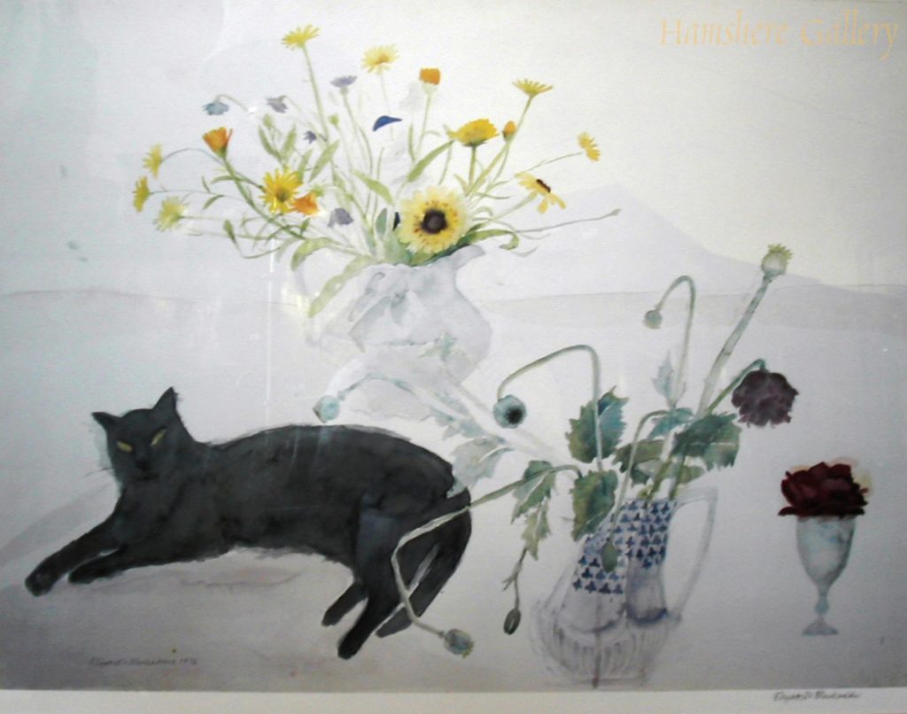 Elizabeth Blackadder: Elizabeth Blackadder, Black cat with vase of flowers, 1976. The Great Cat.
