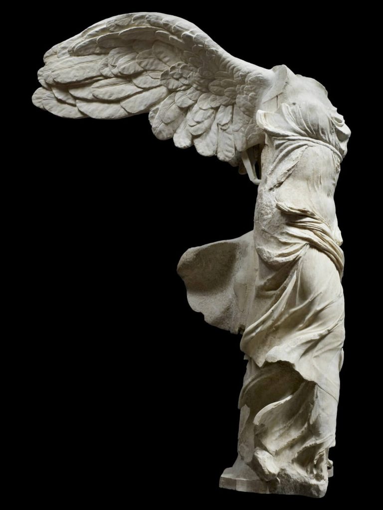 Nike of Samothrace: Nike of Samothrace, ca. 200-175 BCE, Parian and Lartian marble, Paleopoli, Samothrace, Greece, Louvre, Paris, France.
