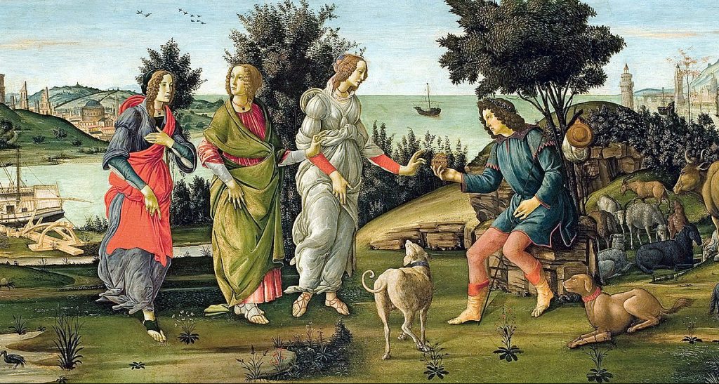 The judgement of Paris: Sandro Botticelli, Judgement of Paris, 1488, Giorgio Cini Foundation, Venice, Italy. Wikimedia Commons (public domain). Detail.
