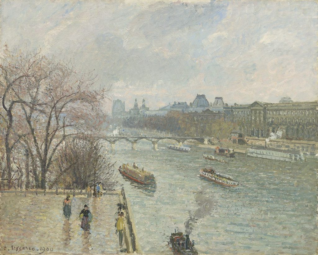Louvre: Camille Pissarro, The Louvre, Afternoon, Rainy Weather, ca. 1900, National Gallery of Art, Washington, DC, USA. Wikimedia Commons (public domain).
