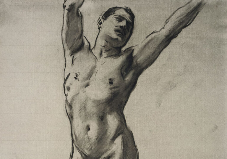 male nudes in art: John Singer Sargent, Standing Male Nude with Raised Arms, c. 1890 – 1915, Harvard Art Museums, Cambridge, MA, USA. Detail.
