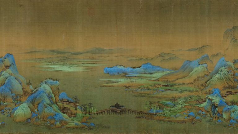 Wang Ximeng: Wang Ximeng, One Thousand Li of Rivers and Mountains, Song dynasty, 1113, ink and color on silk scroll, Palace Museum, Beijing, China. Detail.
