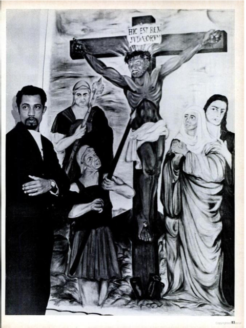 Apartheid art: Ronald Harrison next to The Black Christ, 1961 via Weaver, “Art against Apartheid”, p. 7.
