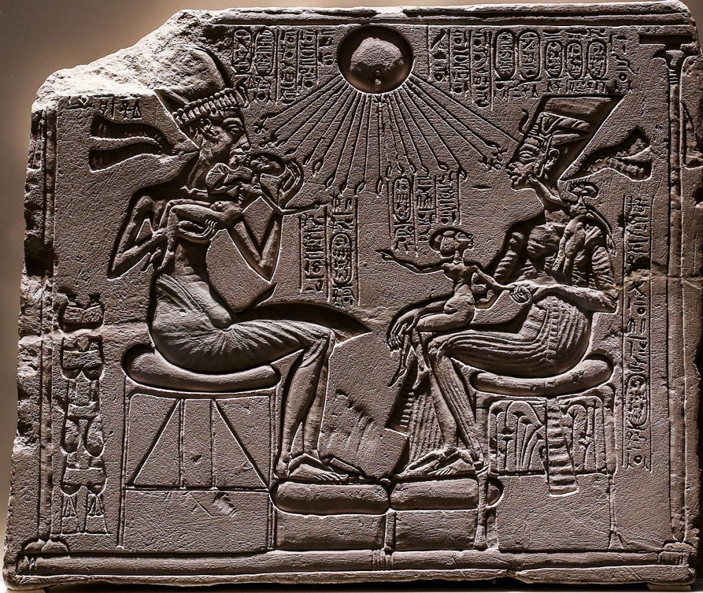 Akhenaten: The House Altar: Akhenaten, Nefertiti, and their children, ca. 1340 BCE, Egyptian Museum of Berlin, Berlin, Germany. Google Arts & Culture.
