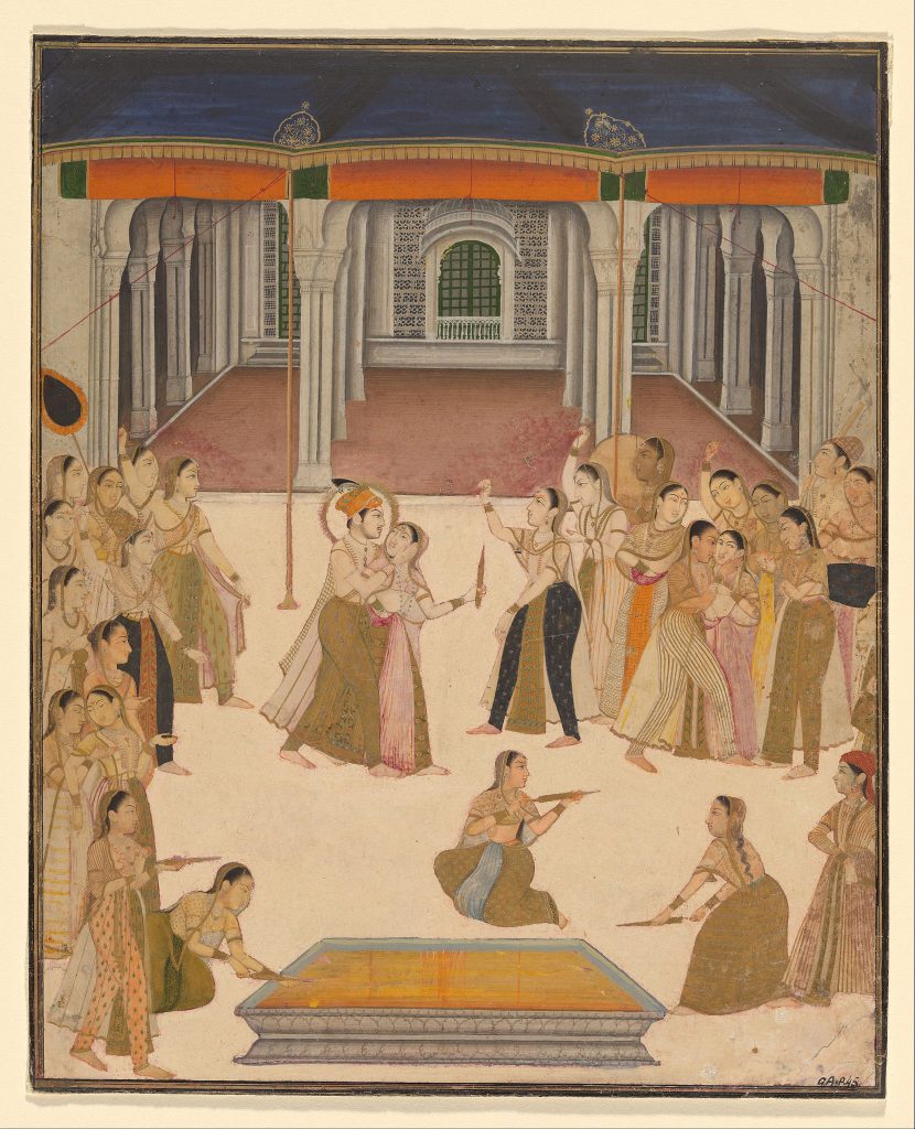 Holi: The Emperor Jahangir Celebrating the Festival of Holi with the Ladies of the Zenana, ca. 1800, National Gallery of Australia, Canberra, Australia. Wikimedia Commons (public domain).
