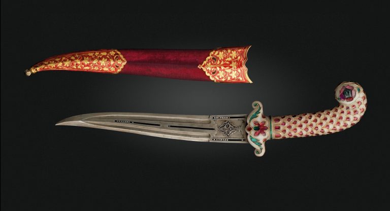 mughal Daggers: Gem set jade-hilted Khanjar with Scabbard, ca. late 1700 to 1725, Christie’s, New York, NY, USA.
