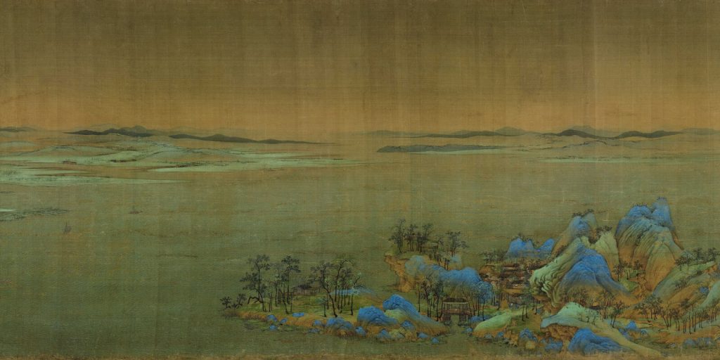 Wang Ximeng: Wang Ximeng, One Thousand Li of Rivers and Mountains, Song dynasty, 1113, ink and color on silk scroll, Palace Museum, Beijing, China. Detail.
