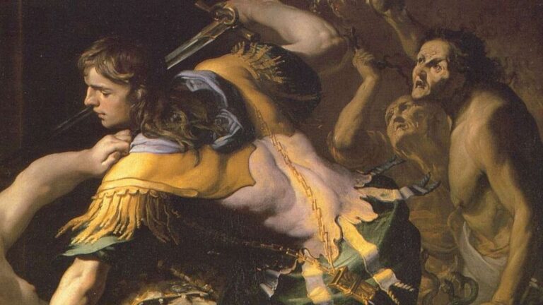 oresteia: Bernardino Mei, Orestes Slaying Clytemnestra, 1655, private collection. Wikimedia Commons (public domain). Detail.
