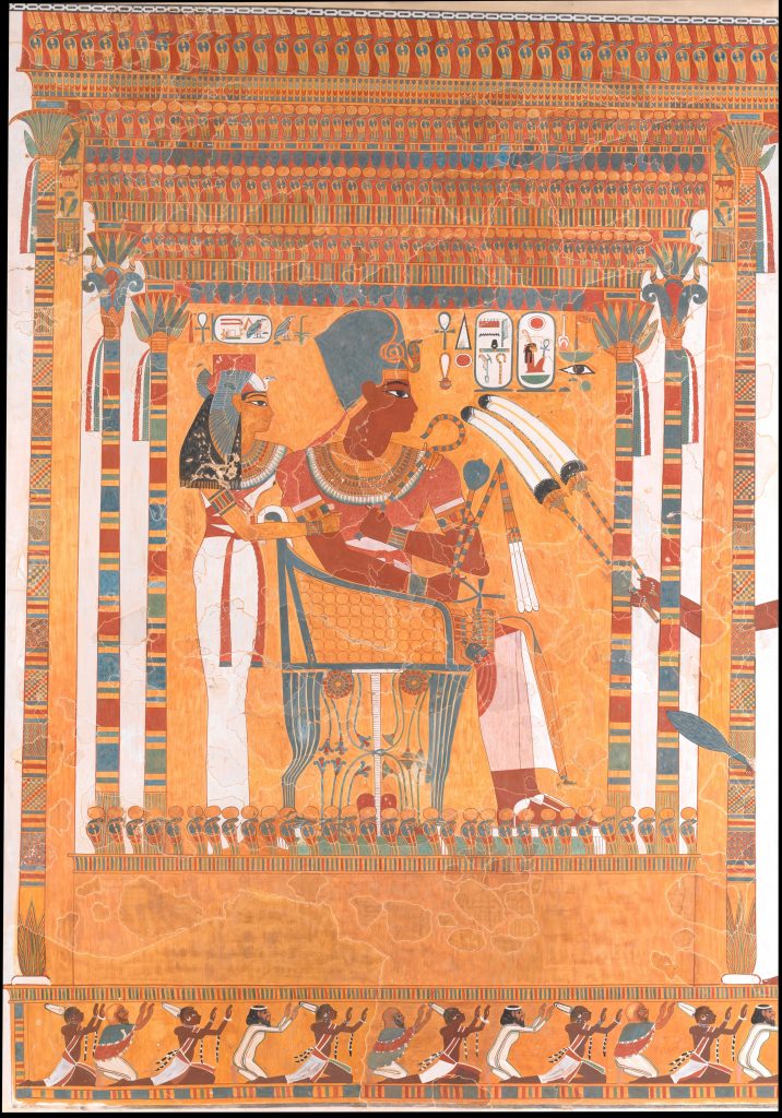 Akhenaten: Nina de Garis Davies, Facsimile painting of Amenhotep III and his Mother, Mutemwia, in a Kiosk, ca.1914; original ca. 1390–1352 BCE, The Metropolitan Museum of Art, New York, NY, US.

