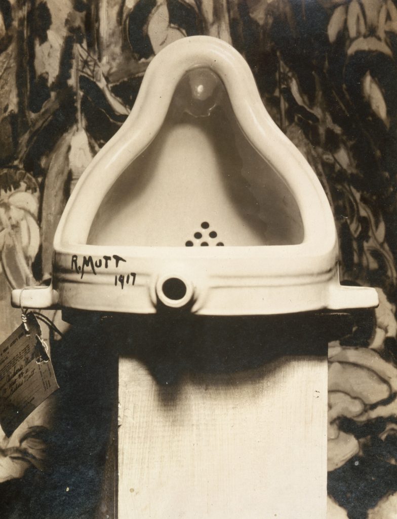 Duchamp Fountain: Marcel Duchamp, Fountain, 1917, photograph by Alfred Stieglitz, “The Blind Man” number 2., published by Beatrice Wood, Philadelphia Museum of Art, Philadelphia, PA, USA.
